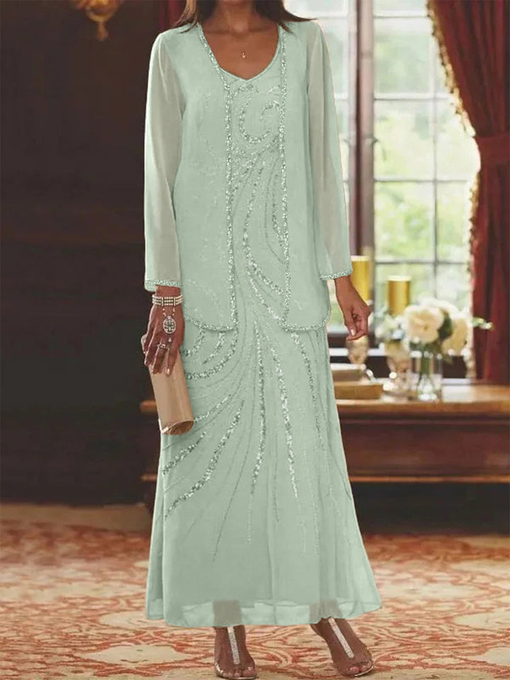 Robe de Mère de la Mariée Fourreau/Colonne à Col en V et Longueur Cheville avec Veste et Paillettes