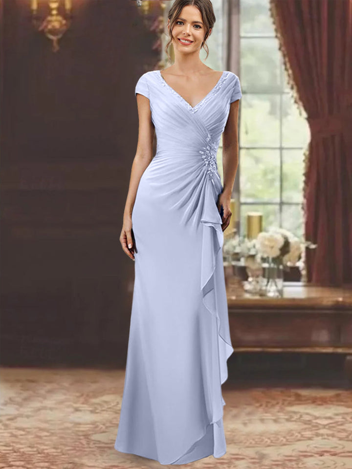 Robe de Mère de la Mariée Fourreau/Colonne à Col en V et Manches Courtes, Longueur Au Sol, avec Volants et Appliques