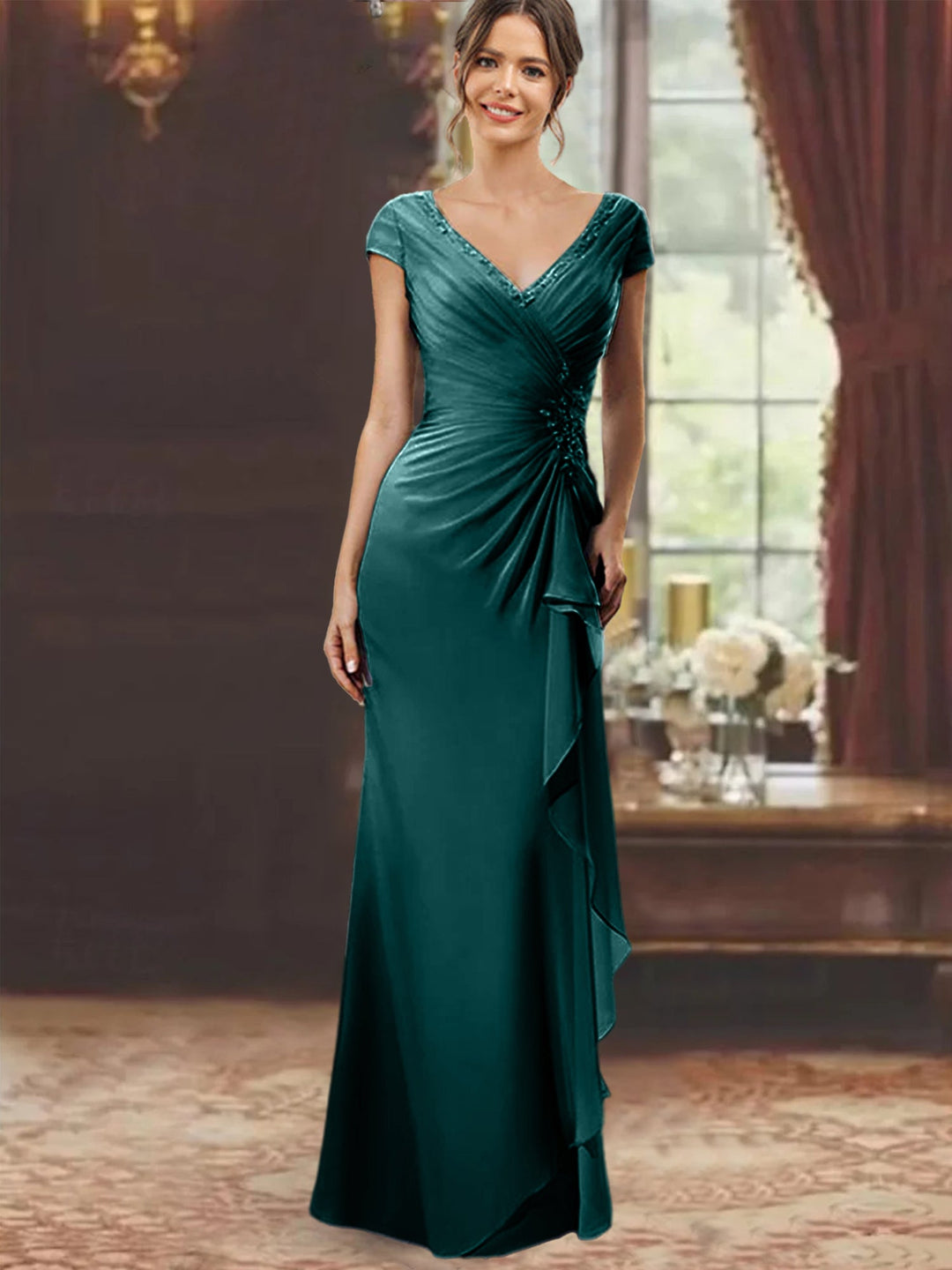Robe de Mère de la Mariée Fourreau/Colonne à Col en V et Manches Courtes, Longueur Au Sol, avec Volants et Appliques