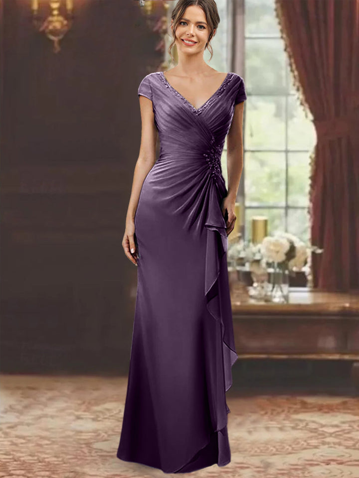 Robe de Mère de la Mariée Fourreau/Colonne à Col en V et Manches Courtes, Longueur Au Sol, avec Volants et Appliques