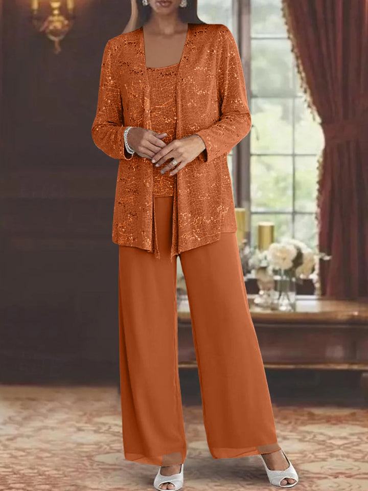 Tailleur-Pantalon en Mousseline de Soie pour Mère de la Mariée avec Veste et Paillettes