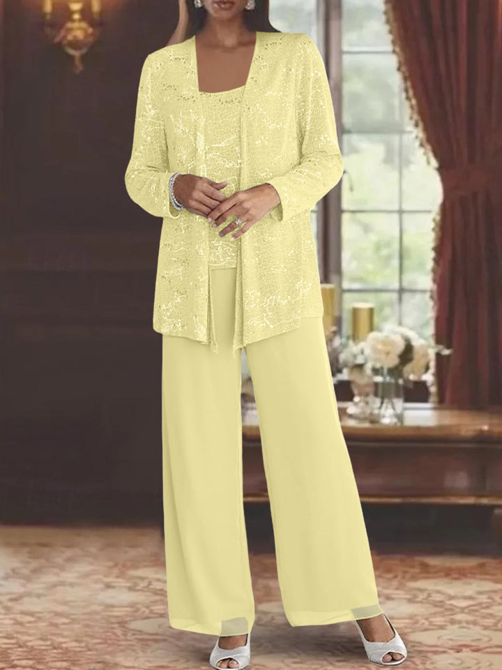 Tailleur-Pantalon en Mousseline de Soie pour Mère de la Mariée avec Veste et Paillettes