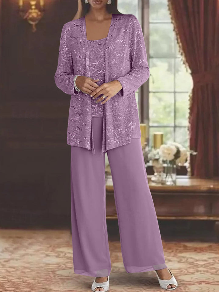 Tailleur-Pantalon en Mousseline de Soie pour Mère de la Mariée avec Veste et Paillettes