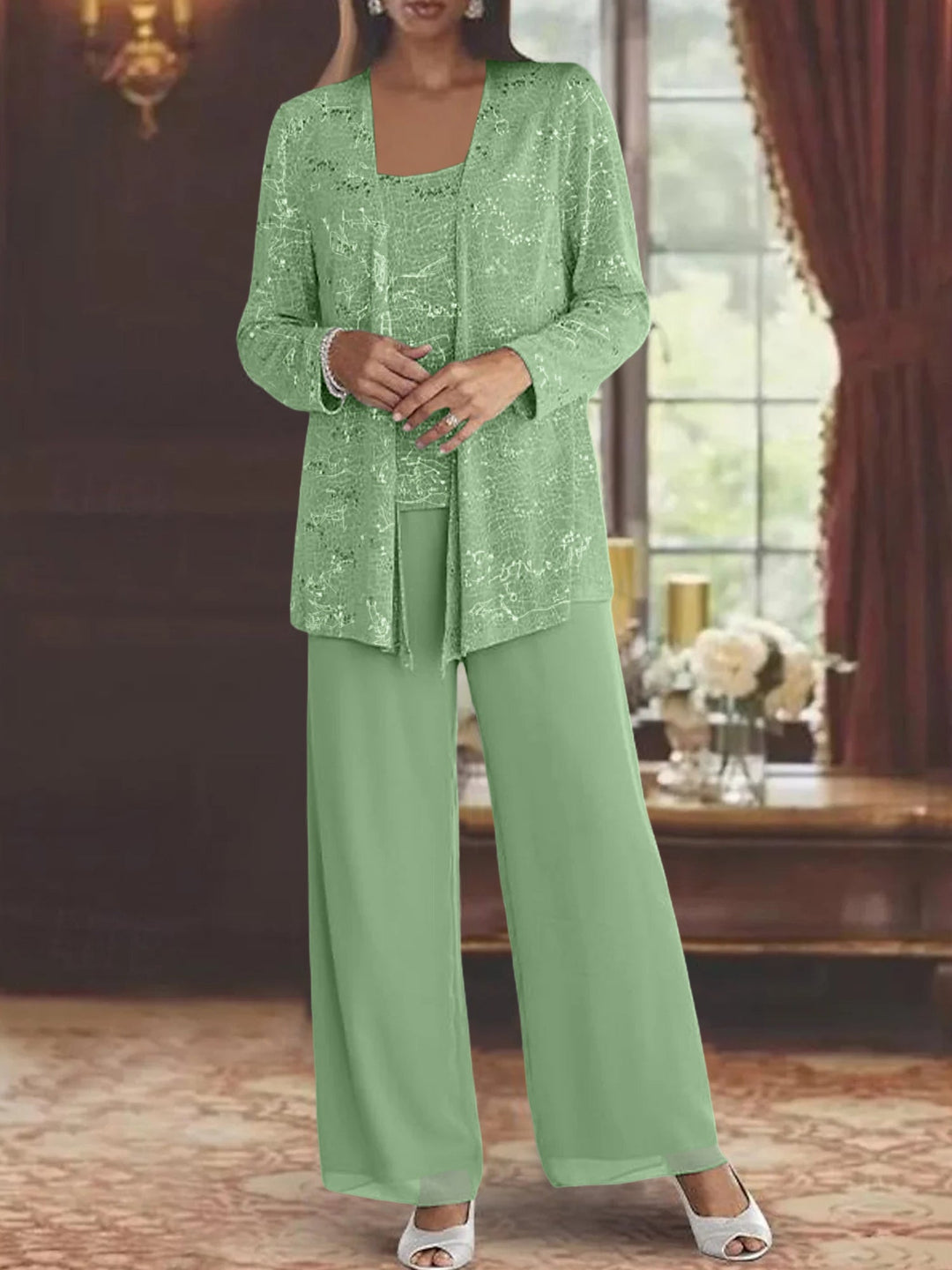 Tailleur-Pantalon en Mousseline de Soie pour Mère de la Mariée avec Veste et Paillettes