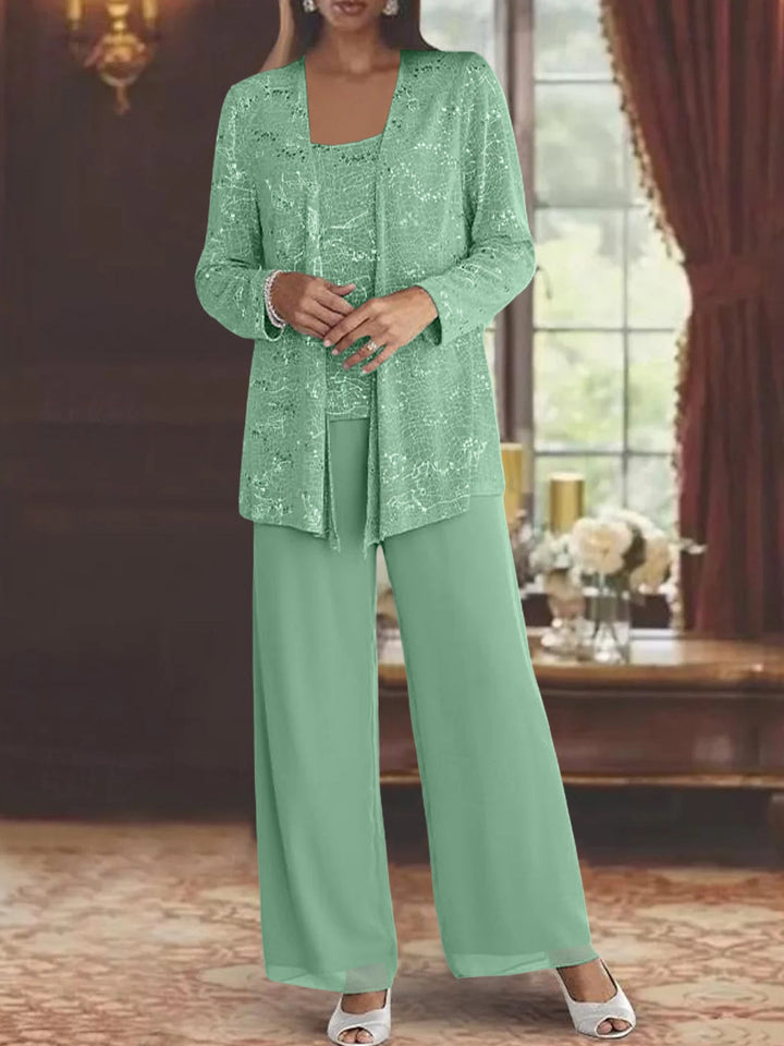 Tailleur-Pantalon en Mousseline de Soie pour Mère de la Mariée avec Veste et Paillettes