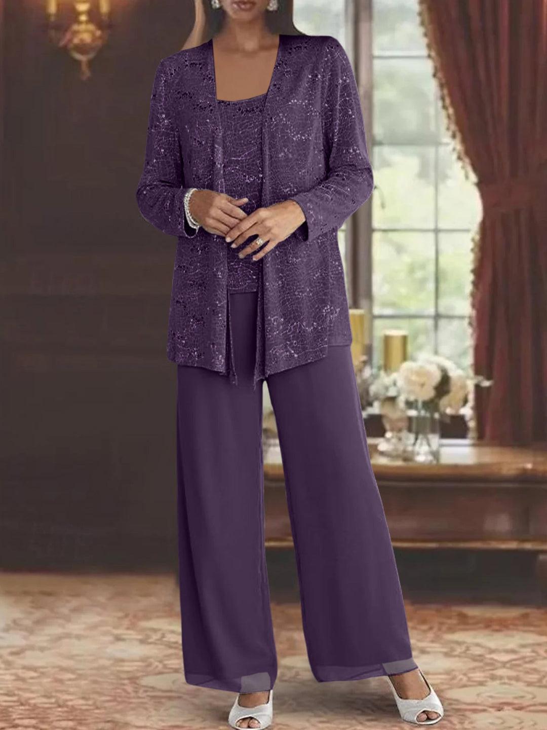 Tailleur-Pantalon en Mousseline de Soie pour Mère de la Mariée avec Veste et Paillettes