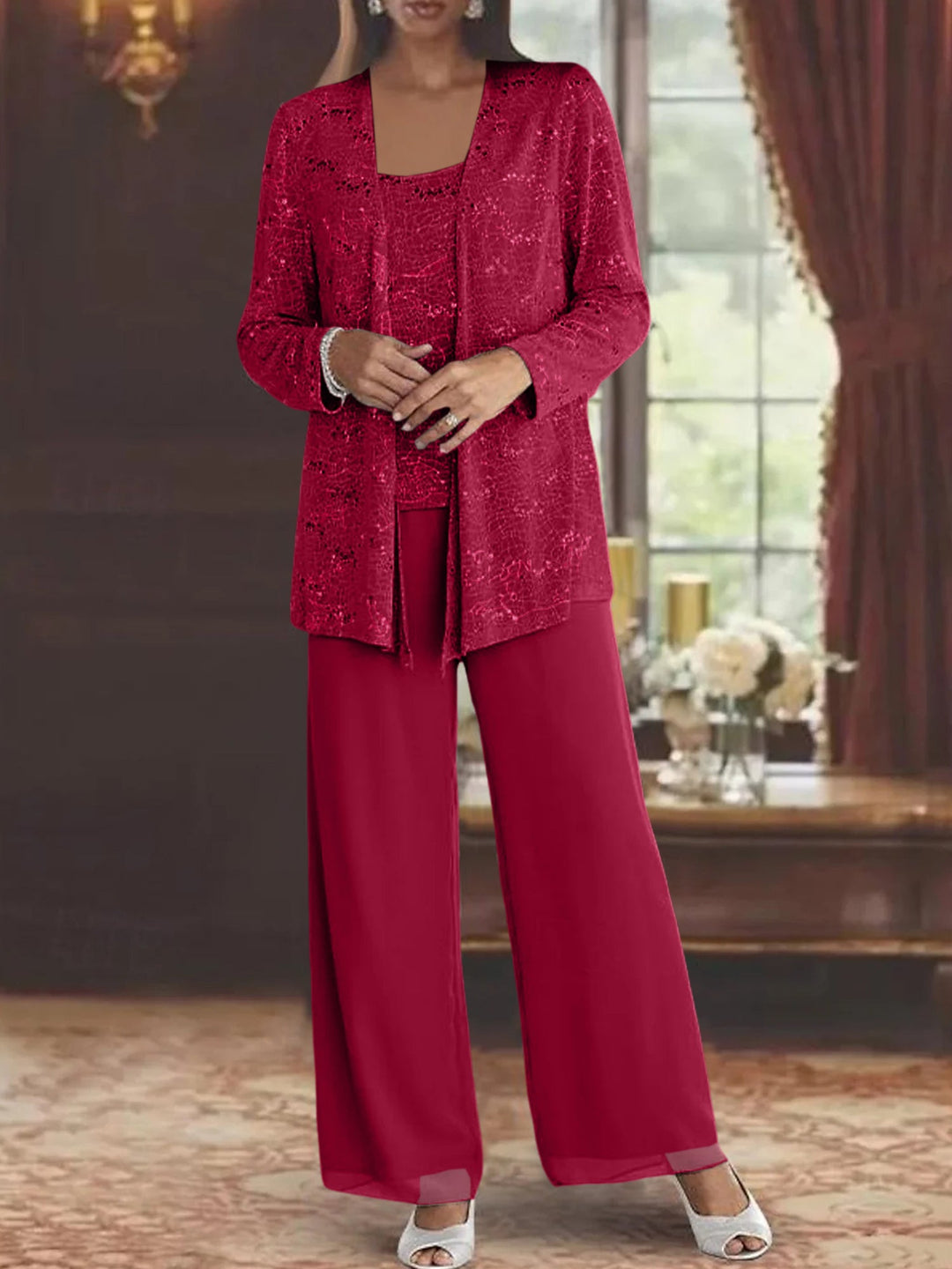 Tailleur-Pantalon en Mousseline de Soie pour Mère de la Mariée avec Veste et Paillettes