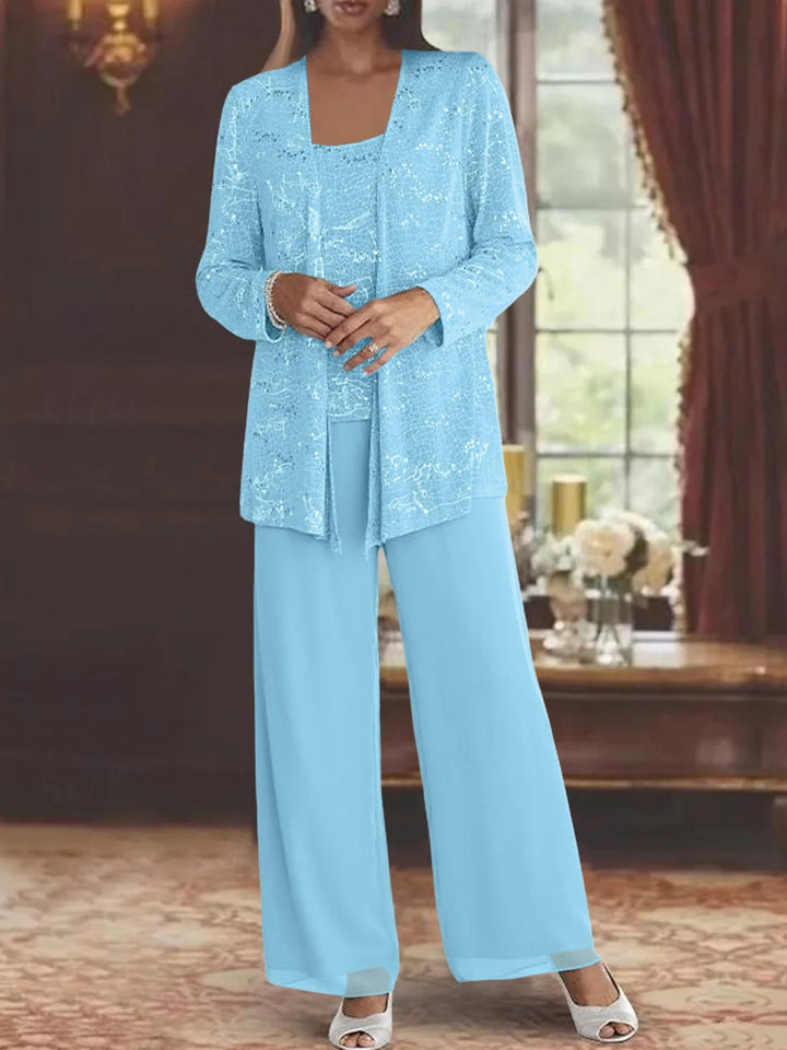 Tailleur-Pantalon en Mousseline de Soie pour Mère de la Mariée avec Veste et Paillettes