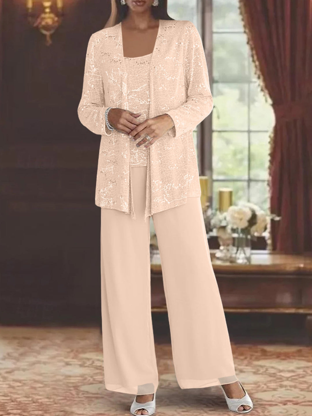 Tailleur-Pantalon en Mousseline de Soie pour Mère de la Mariée avec Veste et Paillettes