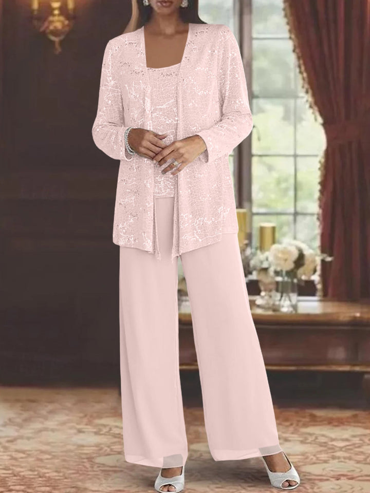 Tailleur-Pantalon en Mousseline de Soie pour Mère de la Mariée avec Veste et Paillettes
