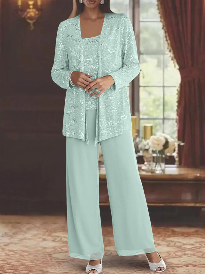 Tailleur-Pantalon en Mousseline de Soie pour Mère de la Mariée avec Veste et Paillettes