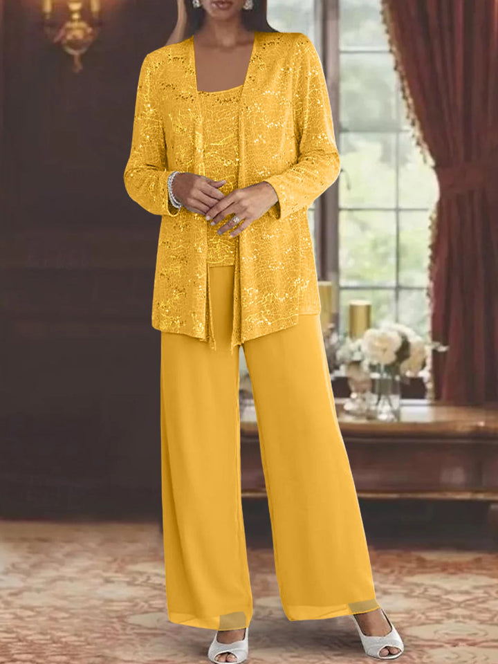 Tailleur-Pantalon en Mousseline de Soie pour Mère de la Mariée avec Veste et Paillettes