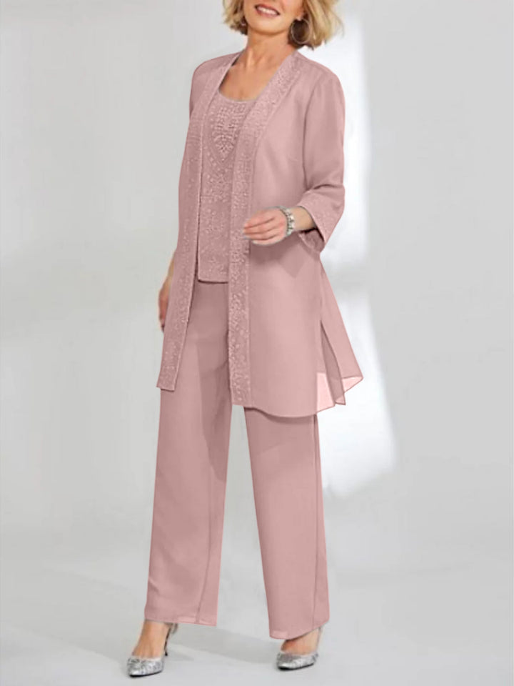 Tailleur-Pantalon en Mousseline de Soie Longueur Cheville pour Mère de la Mariée avec Veste