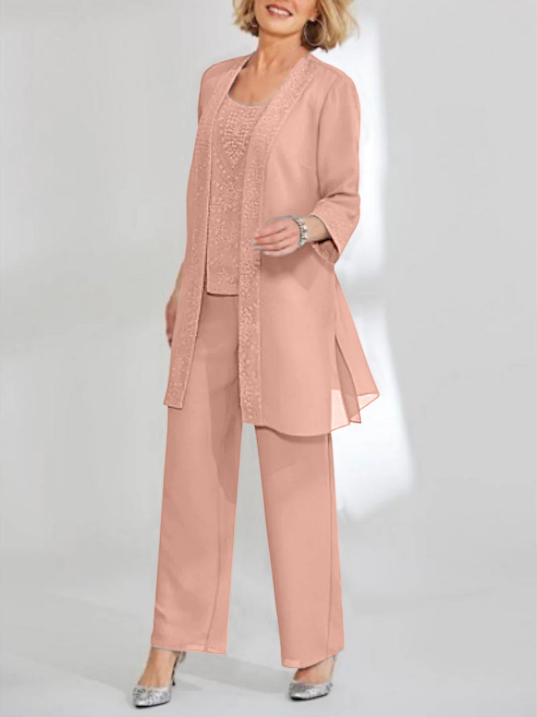 Tailleur-Pantalon en Mousseline de Soie Longueur Cheville pour Mère de la Mariée avec Veste
