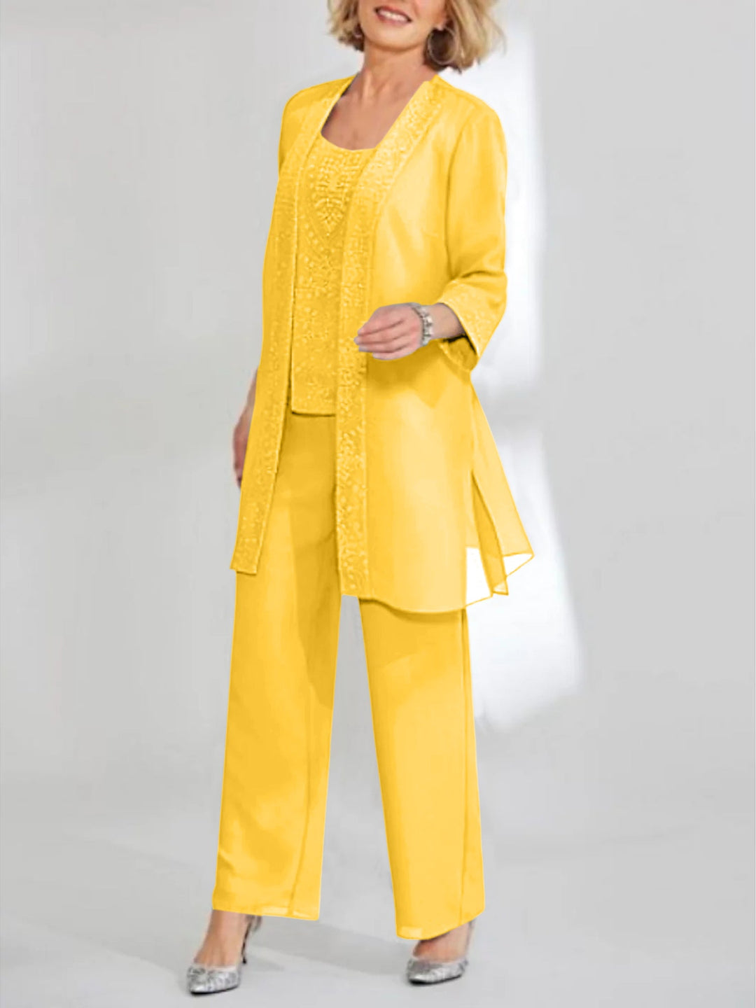 Tailleur-Pantalon en Mousseline de Soie Longueur Cheville pour Mère de la Mariée avec Veste