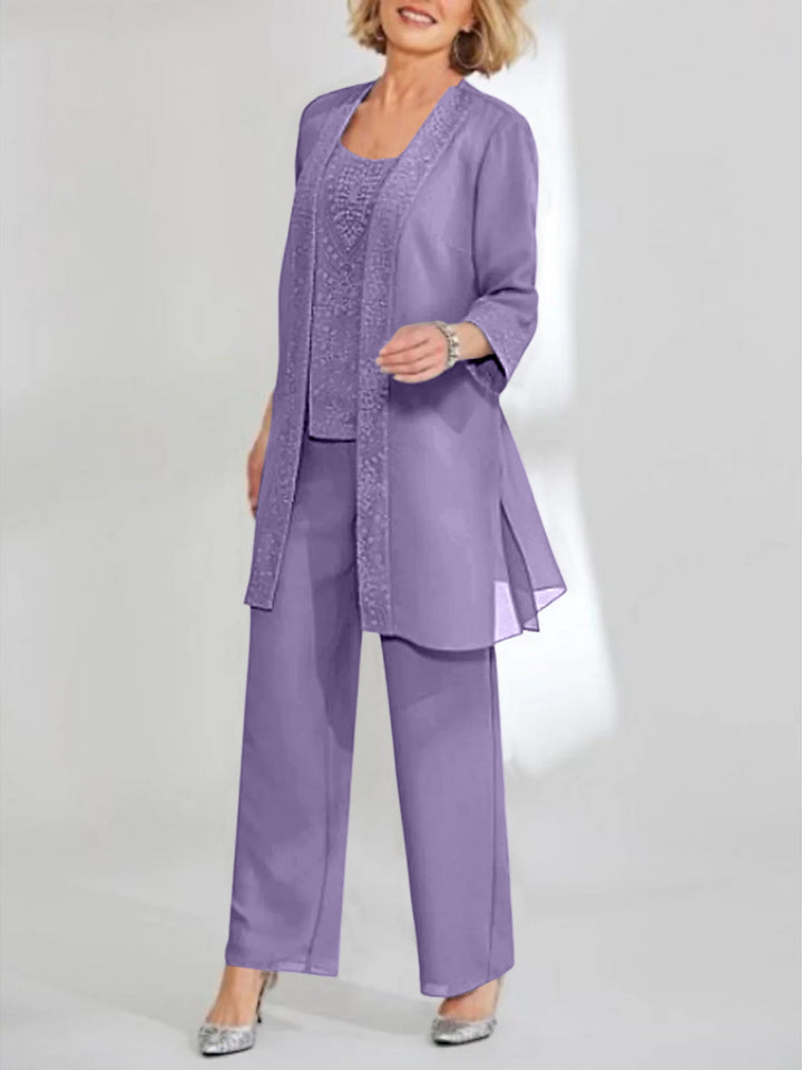 Tailleur-Pantalon en Mousseline de Soie Longueur Cheville pour Mère de la Mariée avec Veste
