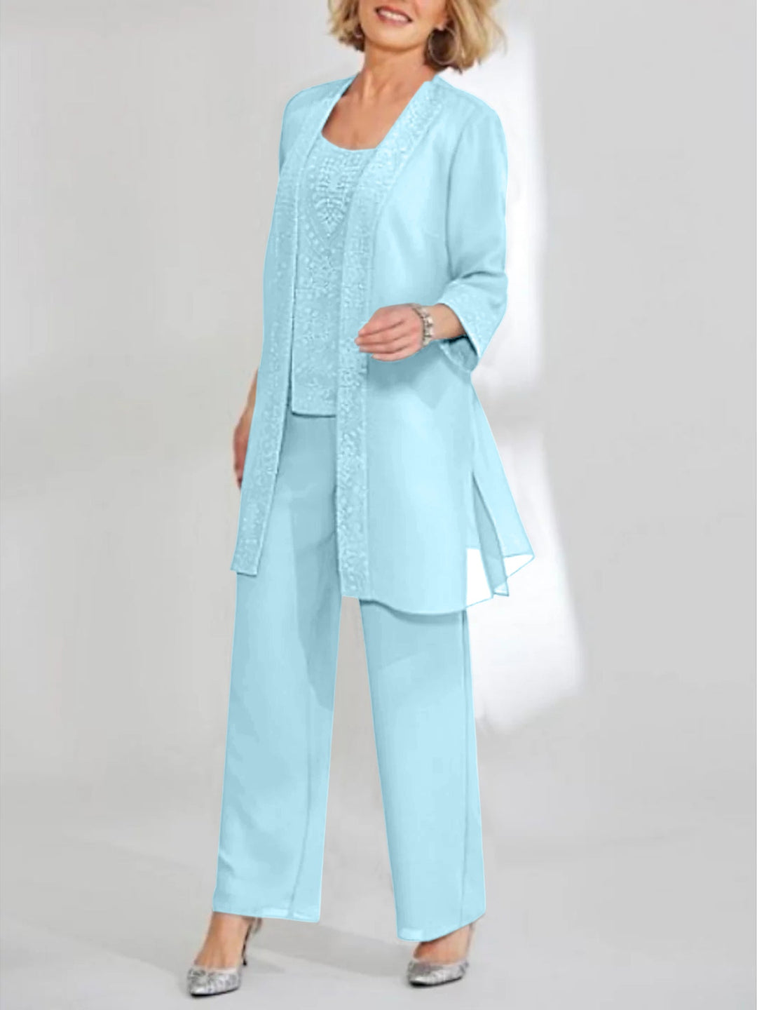 Tailleur-Pantalon en Mousseline de Soie Longueur Cheville pour Mère de la Mariée avec Veste