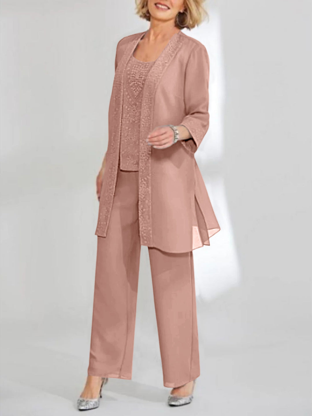 Tailleur-Pantalon en Mousseline de Soie Longueur Cheville pour Mère de la Mariée avec Veste