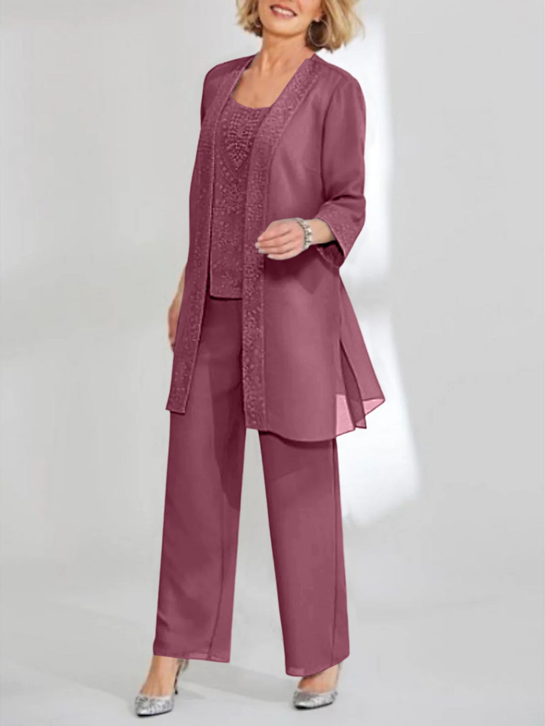 Tailleur-Pantalon en Mousseline de Soie Longueur Cheville pour Mère de la Mariée avec Veste