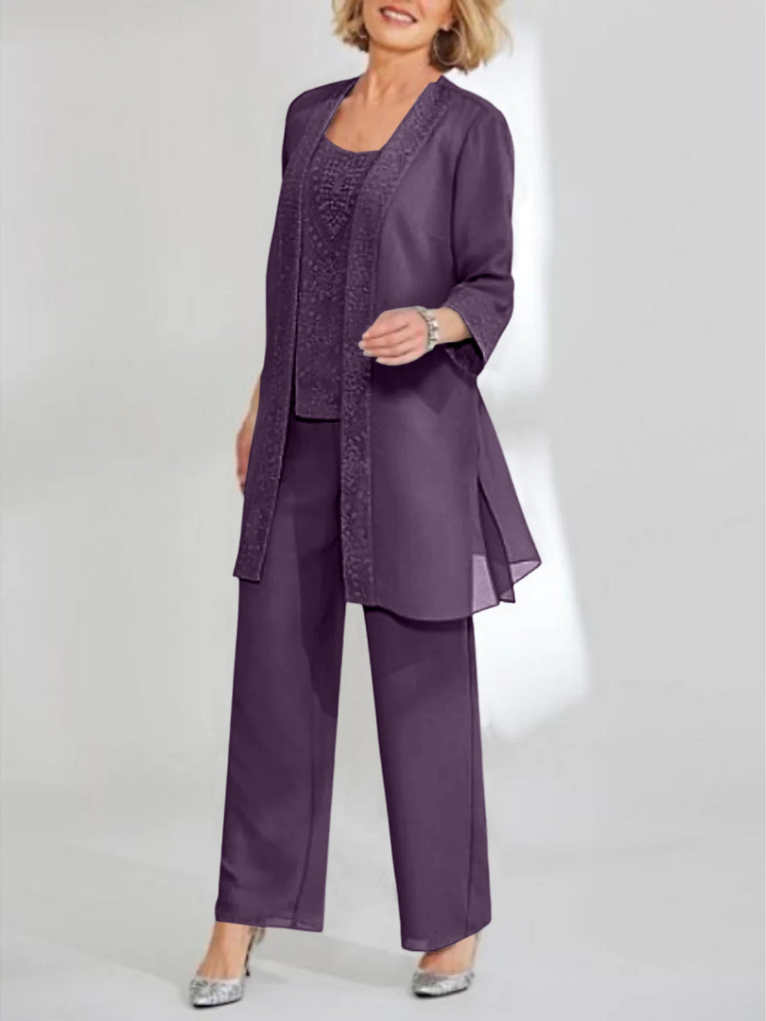 Tailleur-Pantalon en Mousseline de Soie Longueur Cheville pour Mère de la Mariée avec Veste