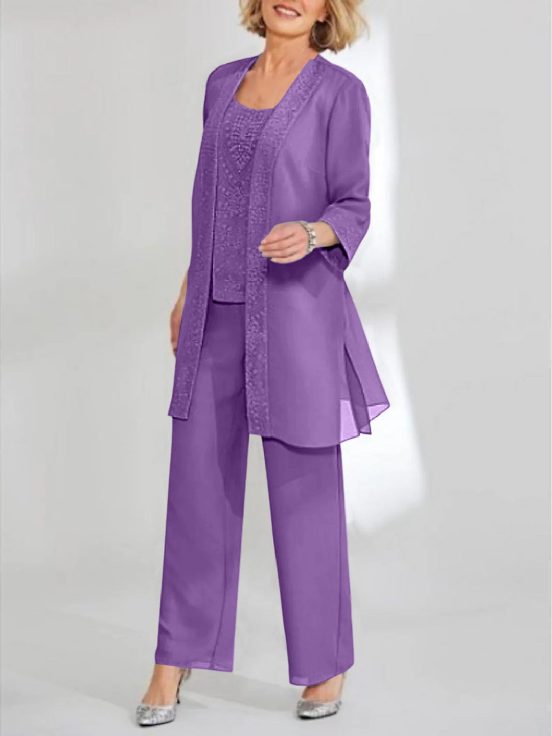 Tailleur-Pantalon en Mousseline de Soie Longueur Cheville pour Mère de la Mariée avec Veste