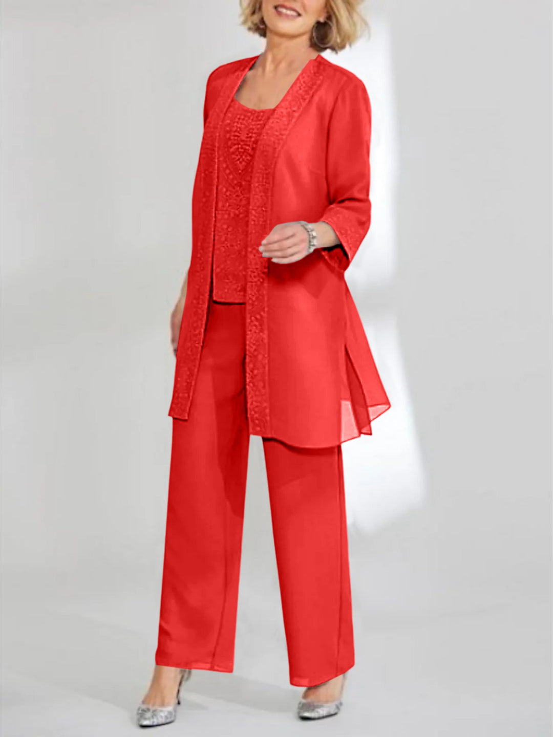 Tailleur-Pantalon en Mousseline de Soie Longueur Cheville pour Mère de la Mariée avec Veste