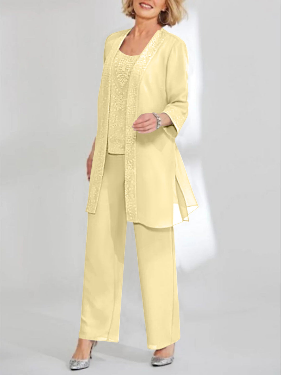 Tailleur-Pantalon en Mousseline de Soie Longueur Cheville pour Mère de la Mariée avec Veste