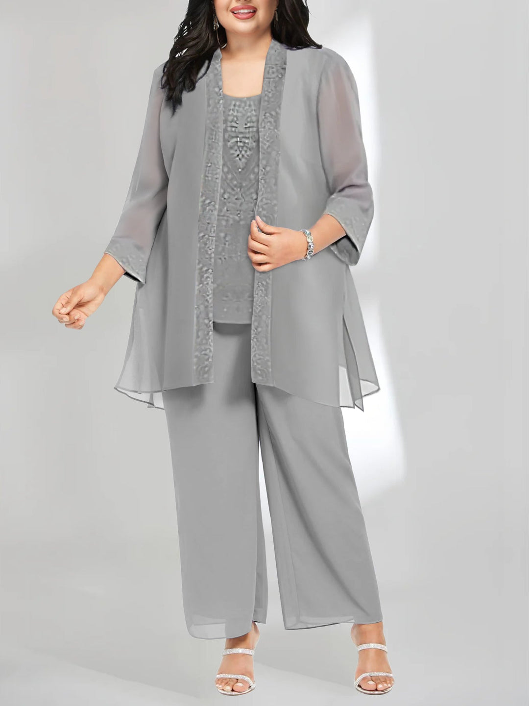 Tailleur-Pantalon en Mousseline de Soie Longueur Cheville Grande Taille pour Mère de la Mariée avec Veste