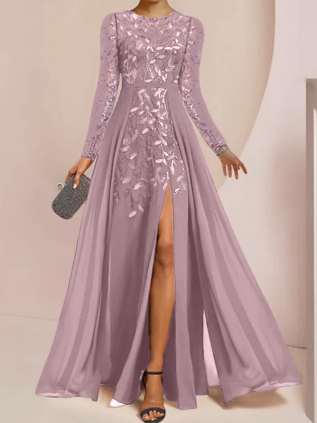 Robe de Mère de la Mariée Coupe A-Line/Princess à Manches Longues et Longueur Au Sol avec Fentes Latérales, Volants et Paillettes