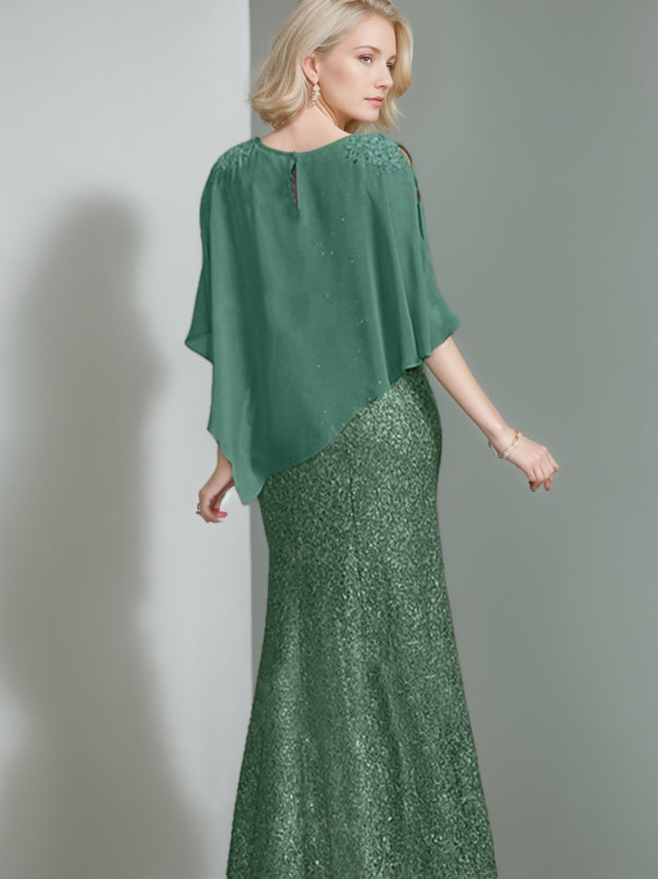 Tailleur-Pantalon en Mousseline de Soie à Encolure Dégagée et Longueur Au Sol pour Mère de la Mariée avec Paillettes Perlées