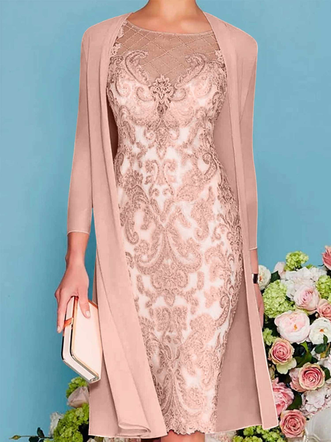 Robe de Mère de la Mariée Fourreau/Colonne à Manches Longues et Longueur Genou avec Appliques en Dentelle et Perles