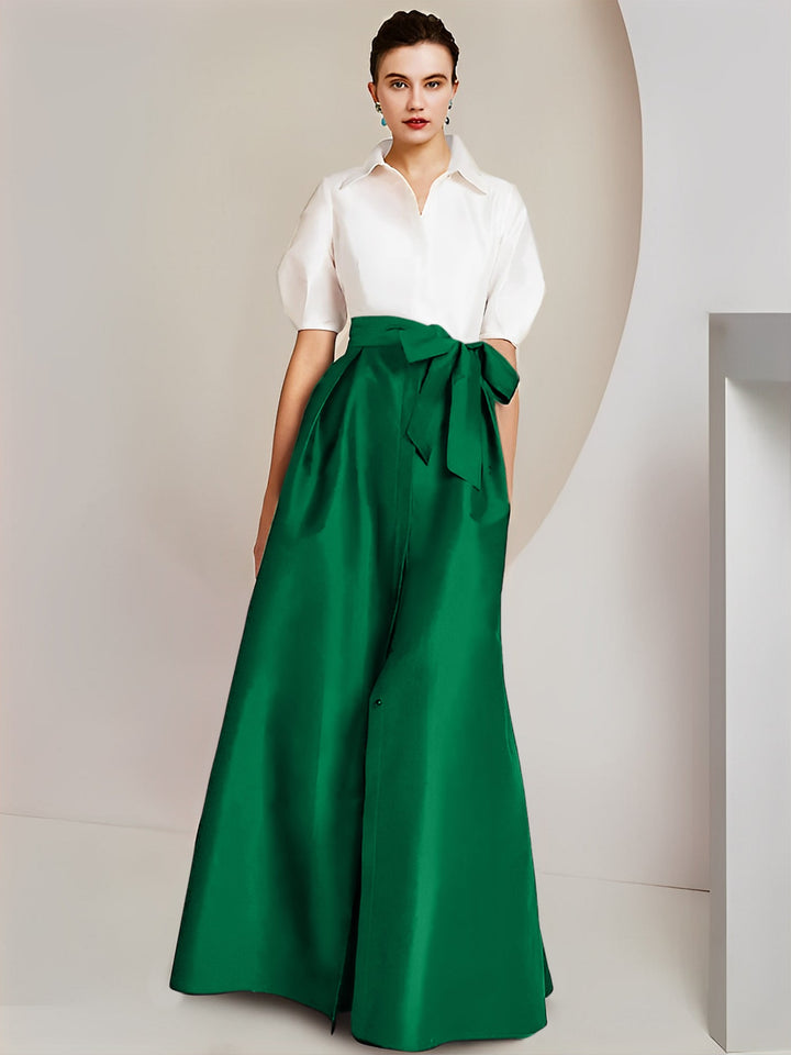 Robe Mère de la Mariée 2 Pièces Coupe A-Line/Princess, Col Chemise, Manches Courtes, Longueur Au Sol, avec Nœud