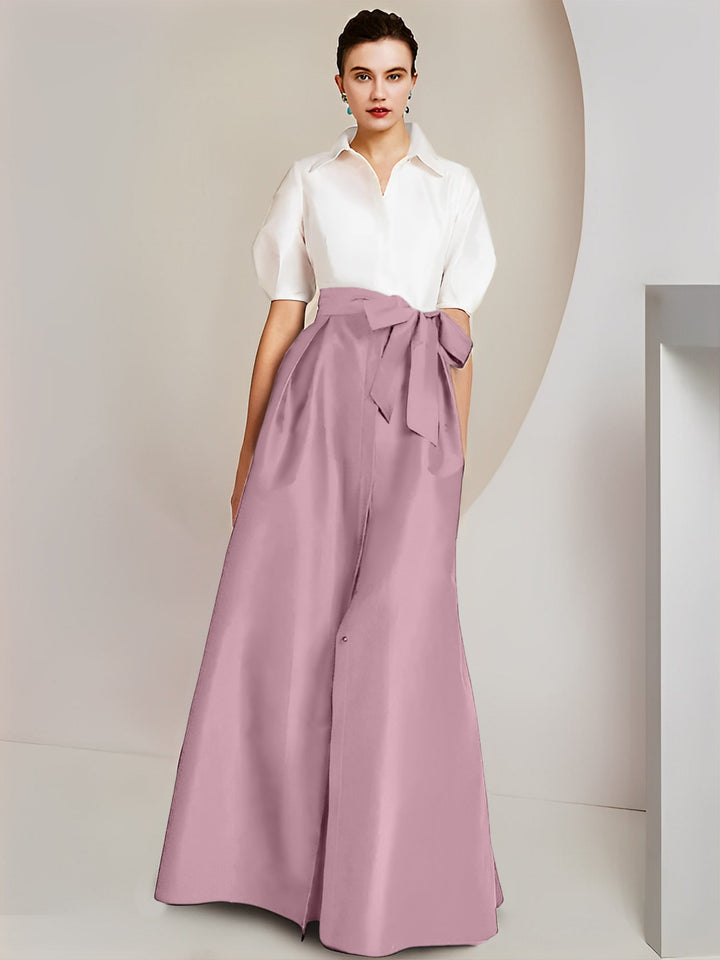 Robe Mère de la Mariée 2 Pièces Coupe A-Line/Princess, Col Chemise, Manches Courtes, Longueur Au Sol, avec Nœud
