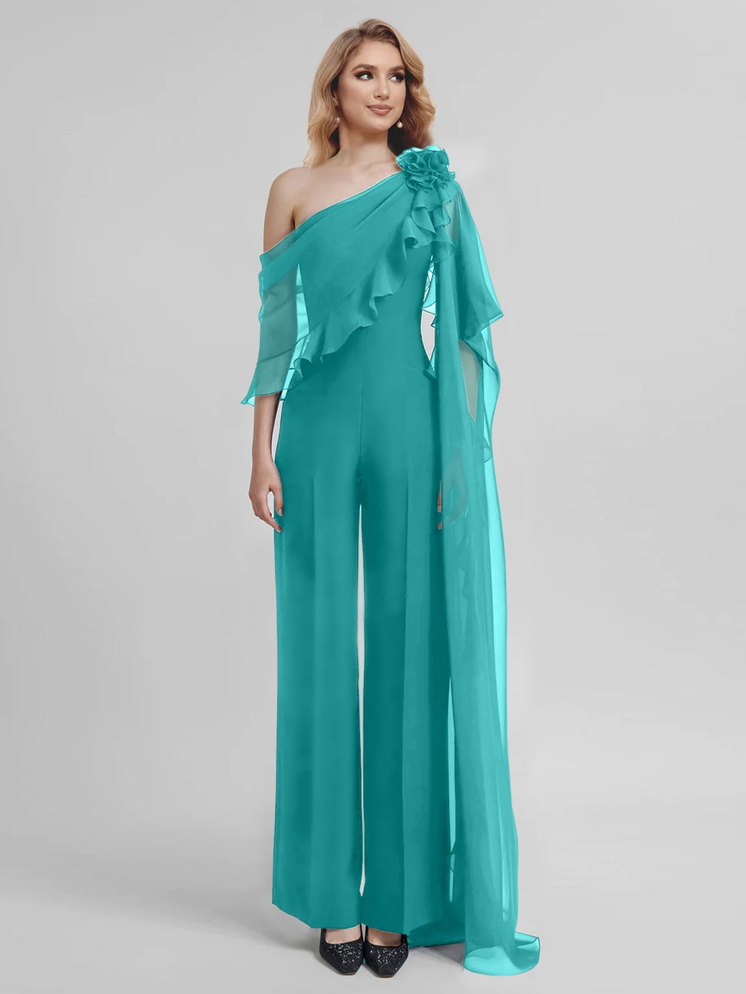 Combinaisons Une Épaule Demi-Manches Mousseline Mère de la Mariée Pantalons