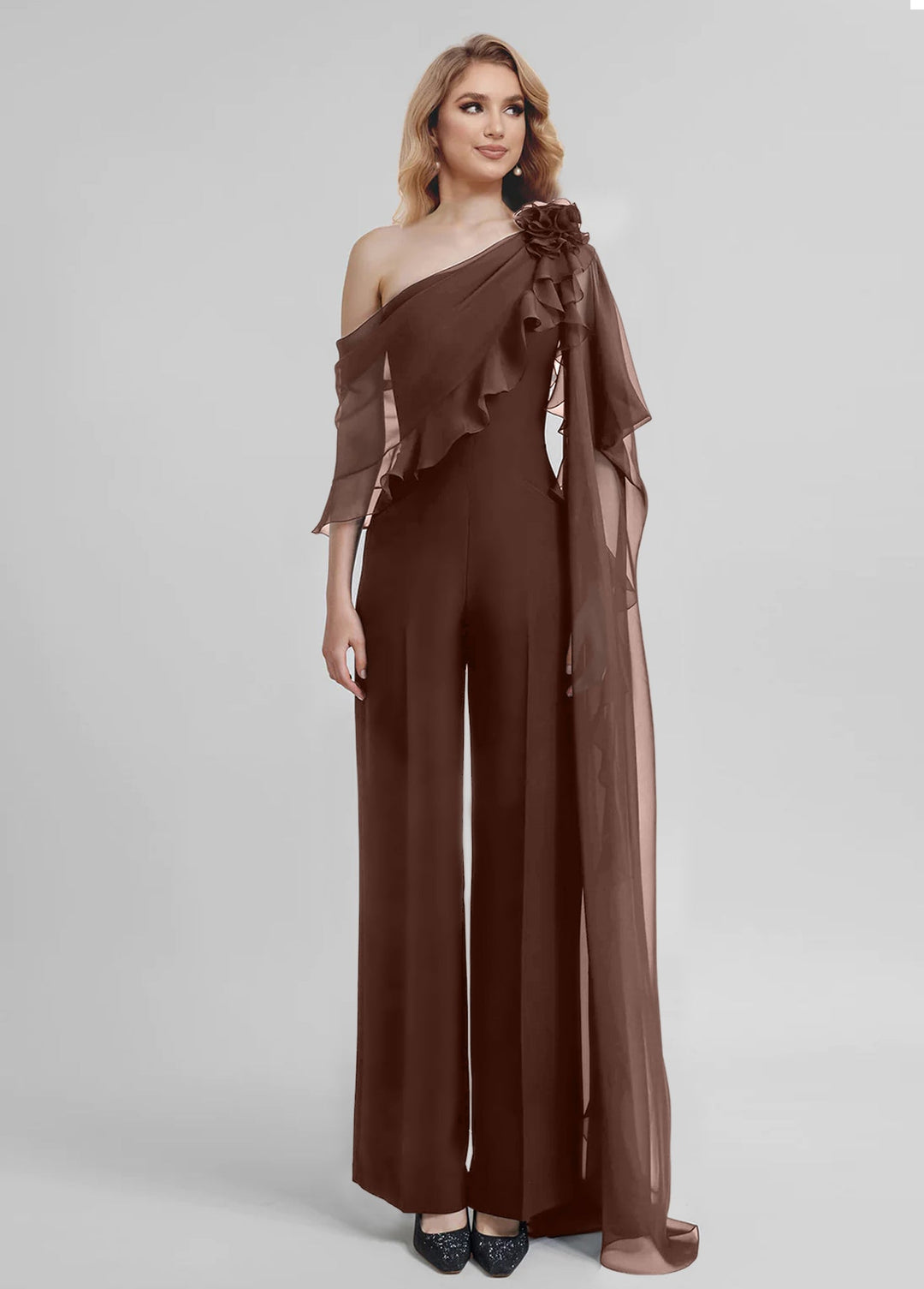 Combinaisons Une Épaule Demi-Manches Mousseline Mère de la Mariée Pantalons
