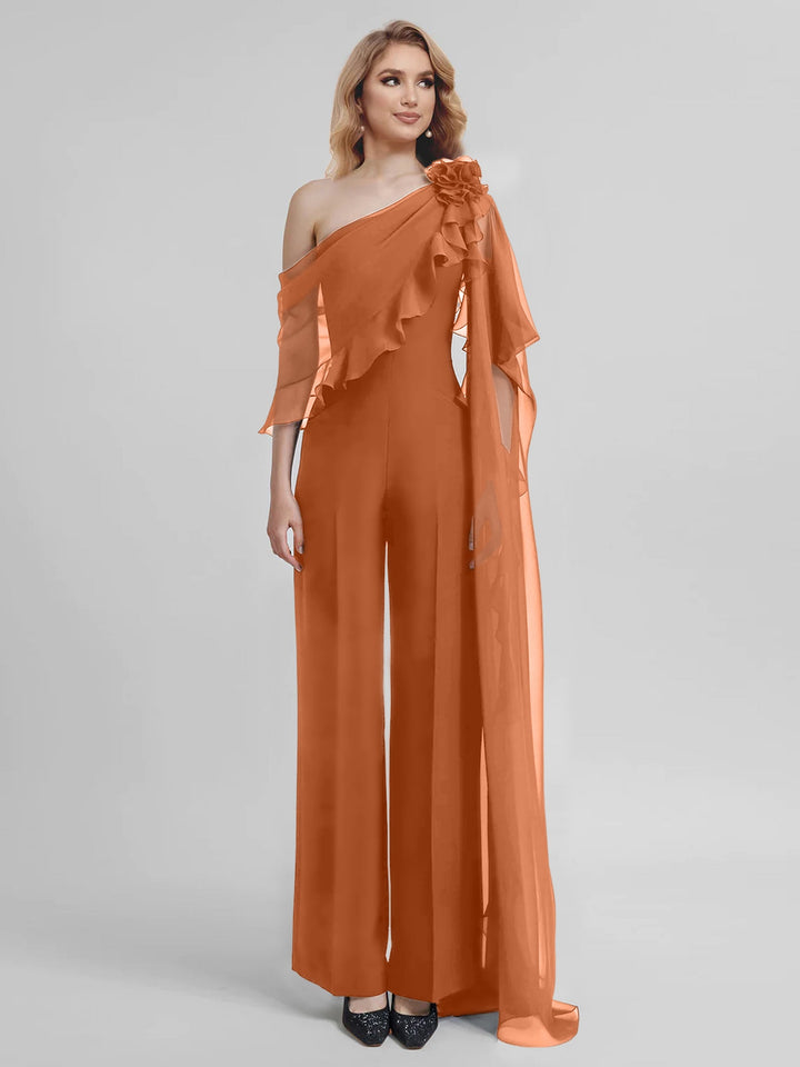 Combinaisons Une Épaule Demi-Manches Mousseline Mère de la Mariée Pantalons
