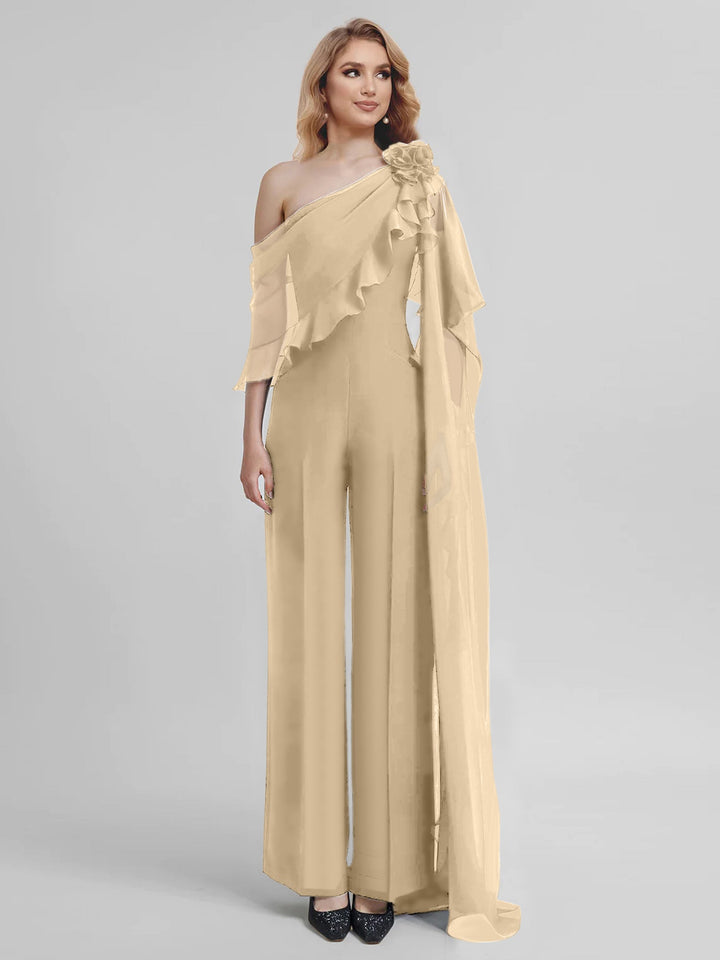 Combinaisons Une Épaule Demi-Manches Mousseline Mère de la Mariée Pantalons
