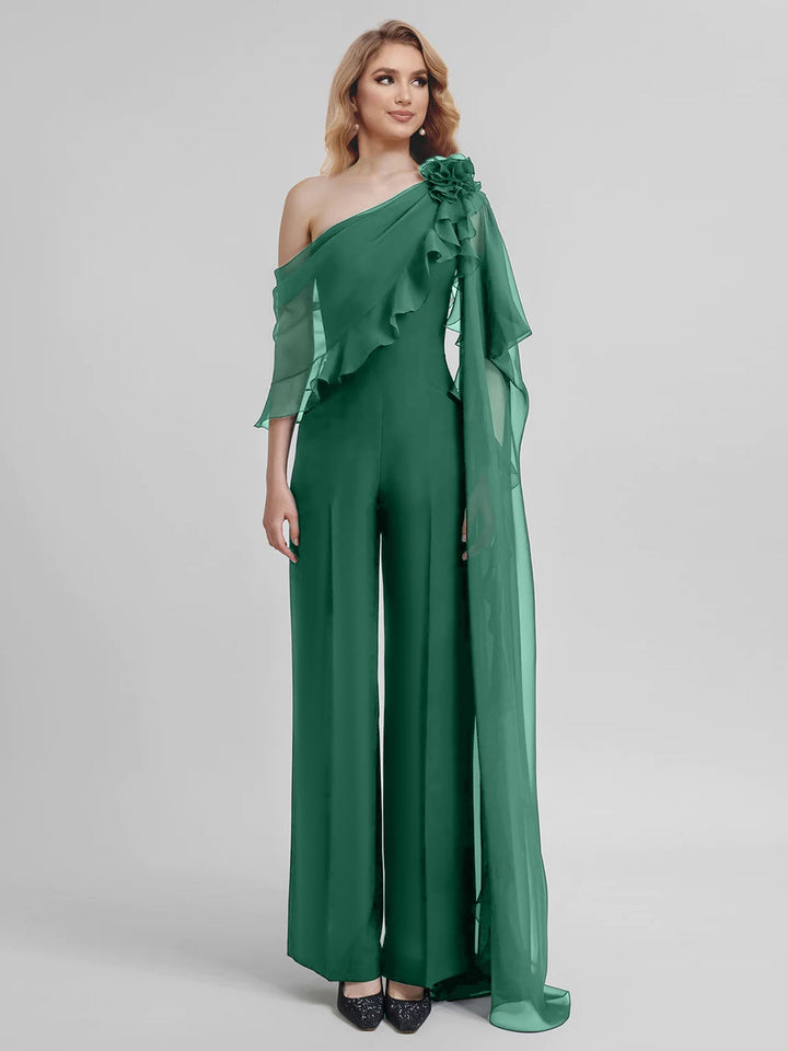 Combinaisons Une Épaule Demi-Manches Mousseline Mère de la Mariée Pantalons