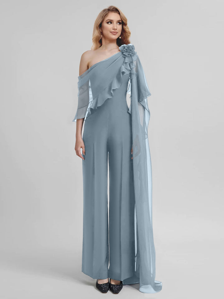 Combinaisons Une Épaule Demi-Manches Mousseline Mère de la Mariée Pantalons