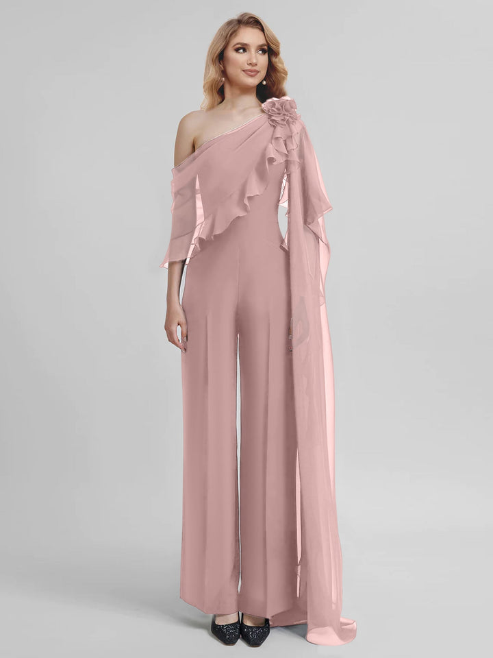 Combinaisons Une Épaule Demi-Manches Mousseline Mère de la Mariée Pantalons