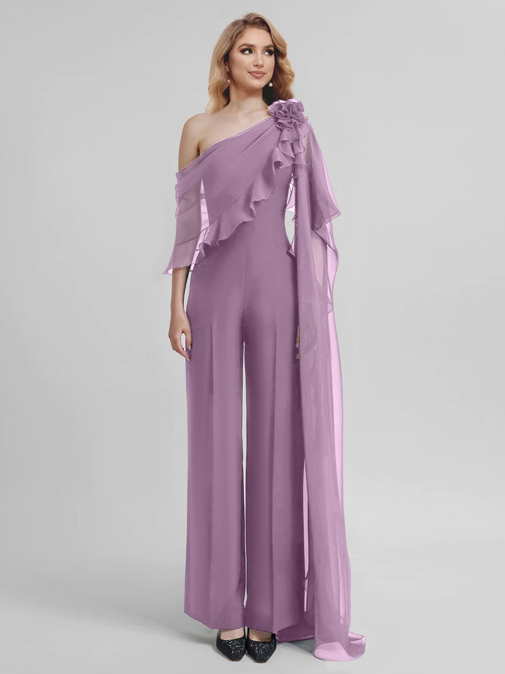 Combinaisons Une Épaule Demi-Manches Mousseline Mère de la Mariée Pantalons