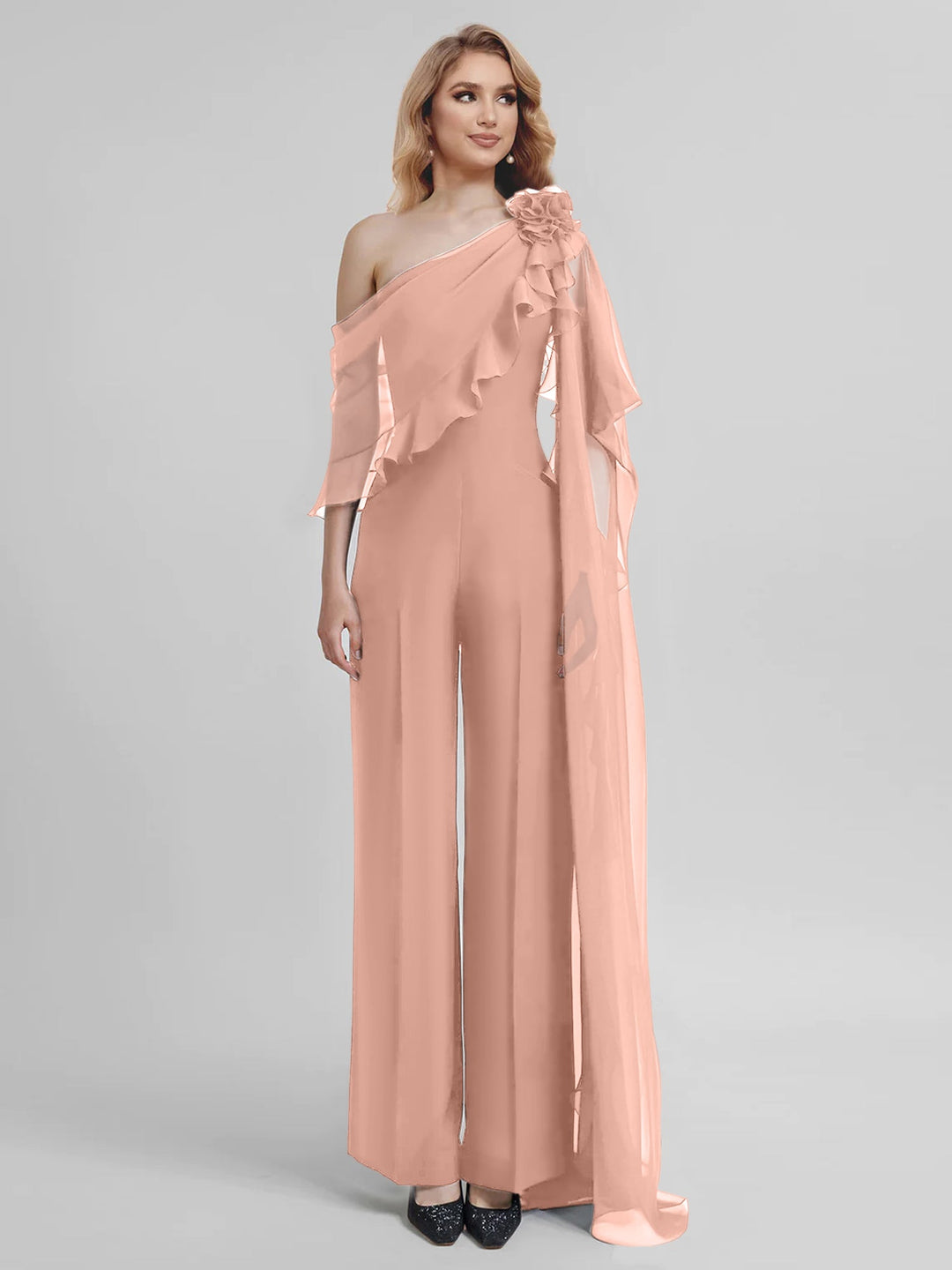 Combinaisons Une Épaule Demi-Manches Mousseline Mère de la Mariée Pantalons