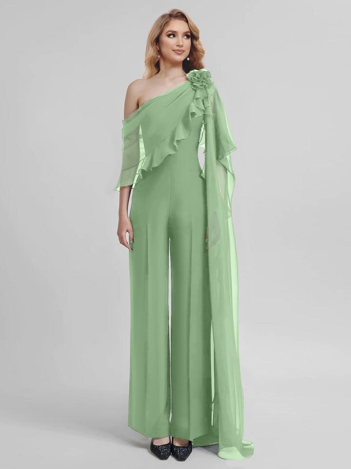 Combinaisons Une Épaule Demi-Manches Mousseline Mère de la Mariée Pantalons