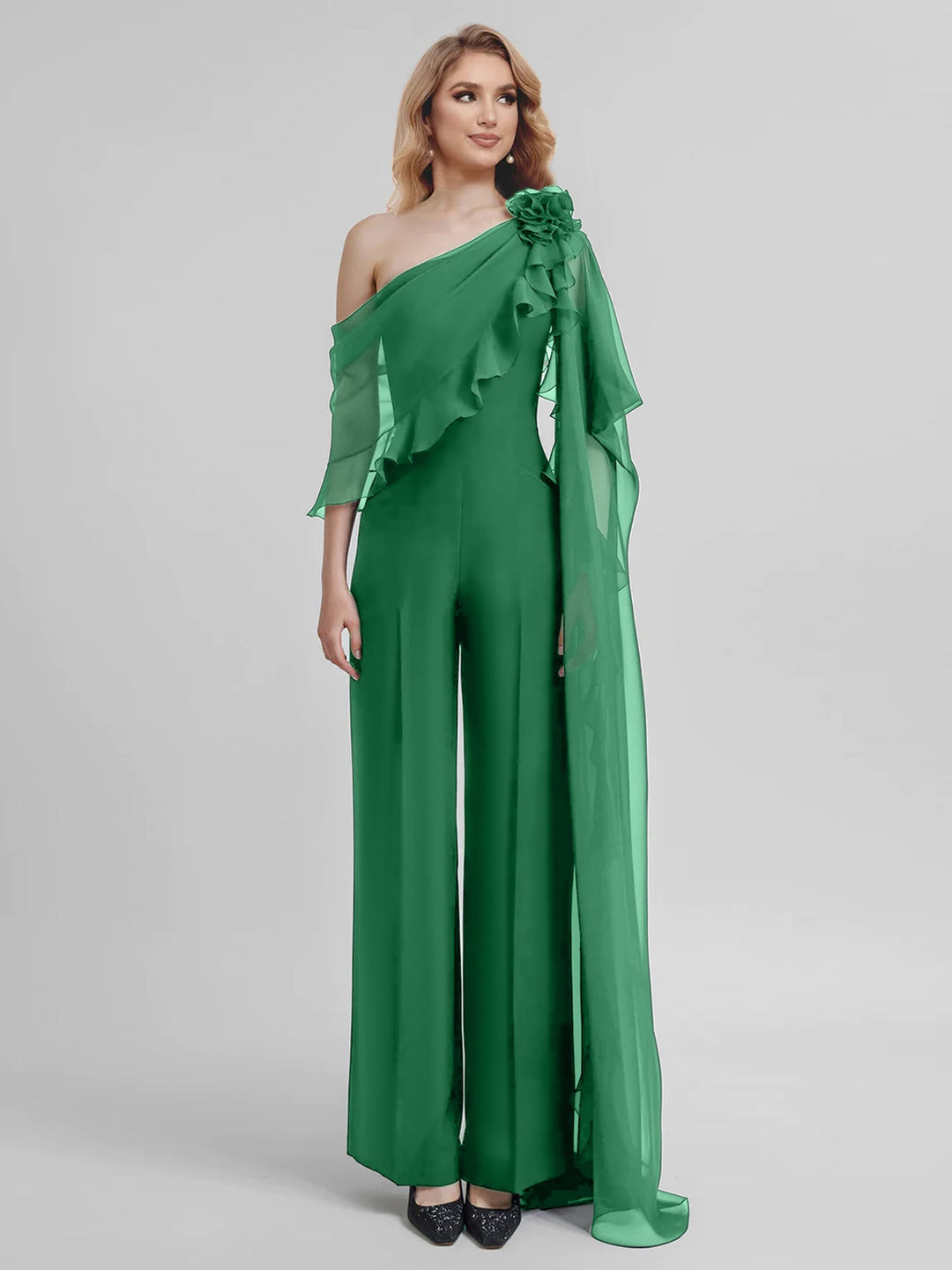 Combinaisons Une Épaule Demi-Manches Mousseline Mère de la Mariée Pantalons