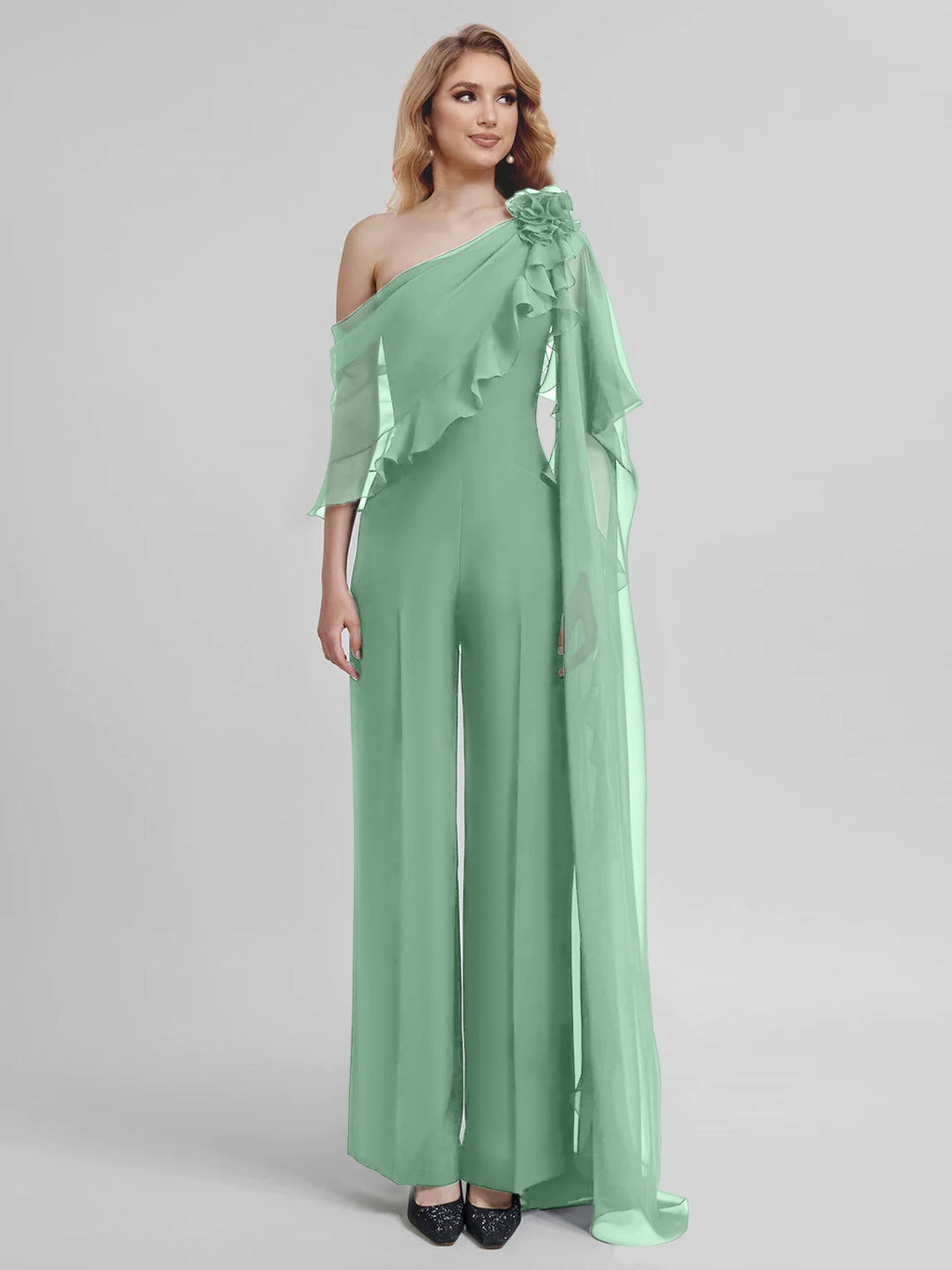 Combinaisons Une Épaule Demi-Manches Mousseline Mère de la Mariée Pantalons