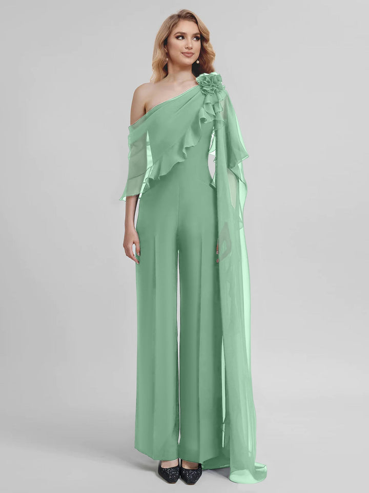 Combinaisons Une Épaule Demi-Manches Mousseline Mère de la Mariée Pantalons