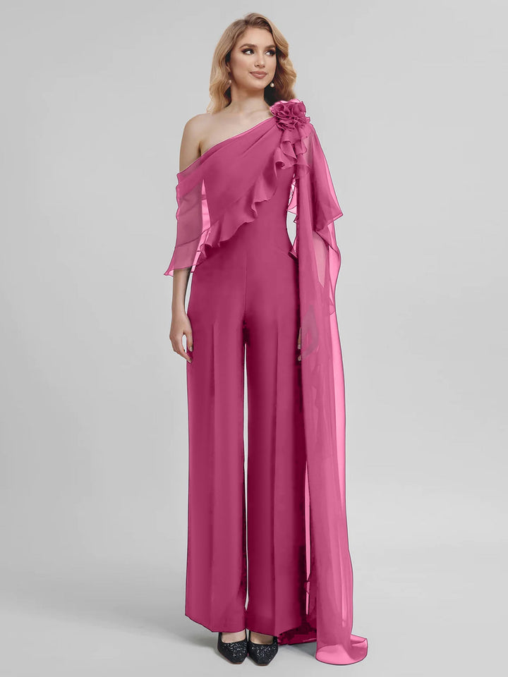 Combinaisons Une Épaule Demi-Manches Mousseline Mère de la Mariée Pantalons