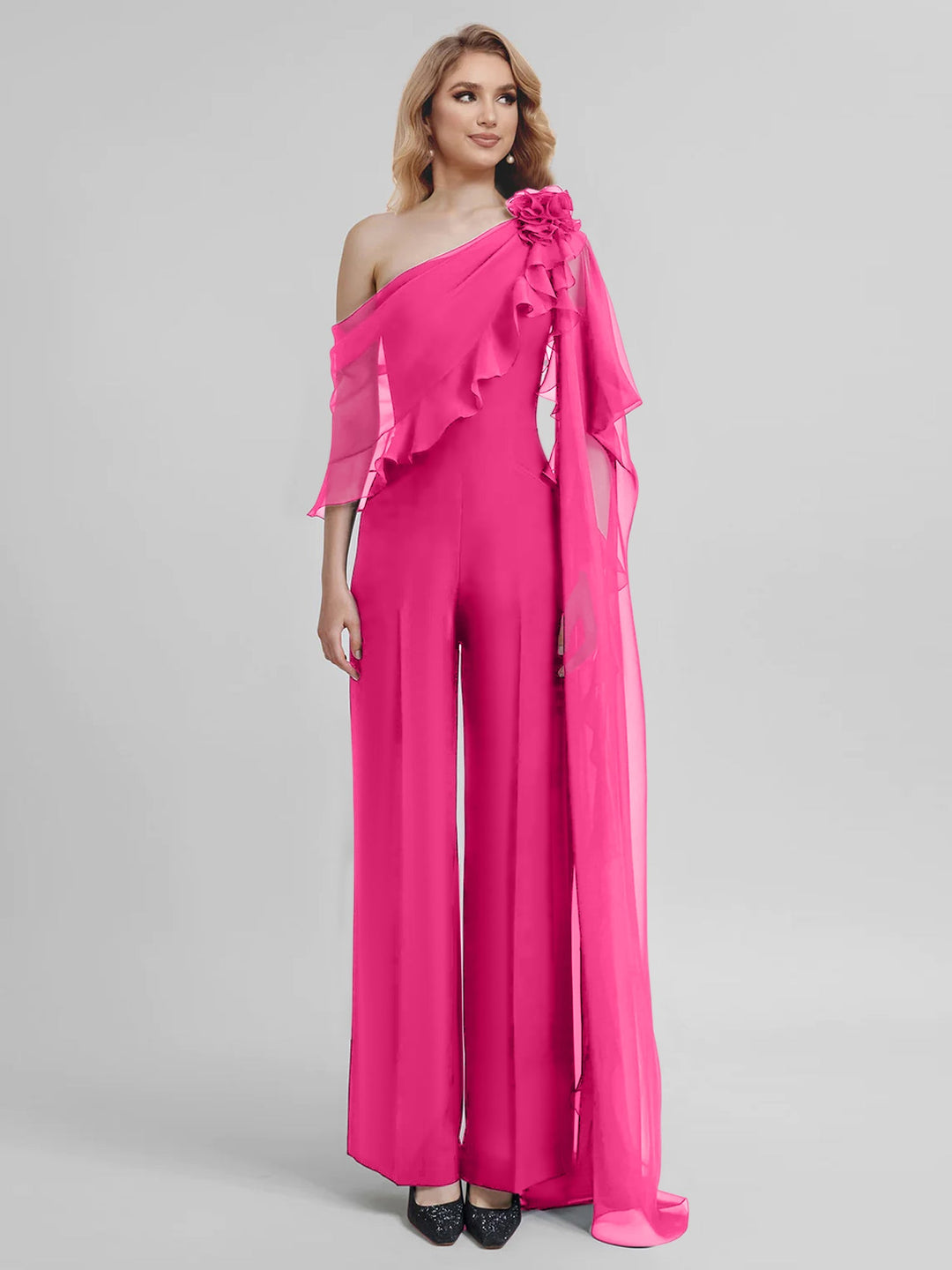 Combinaisons Une Épaule Demi-Manches Mousseline Mère de la Mariée Pantalons