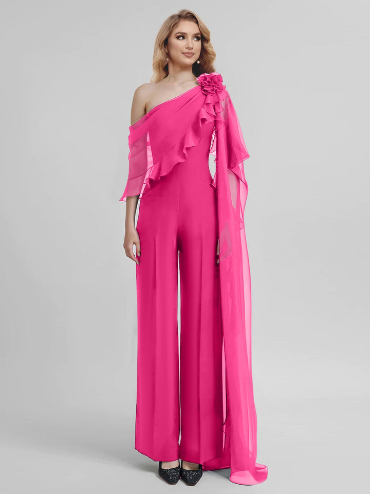 Combinaisons Une Épaule Demi-Manches Mousseline Mère de la Mariée Pantalons