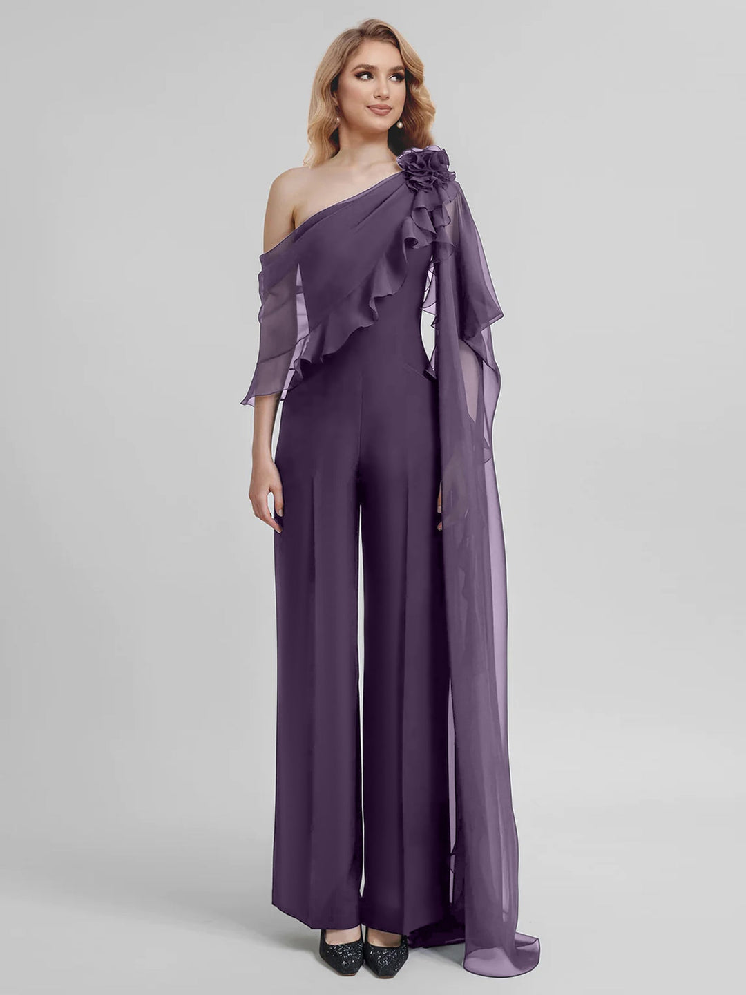 Combinaisons Une Épaule Demi-Manches Mousseline Mère de la Mariée Pantalons